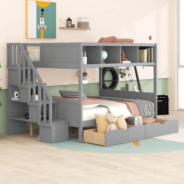 Functional Gray Twin Over Full Bunk Bed with Staircase Storage