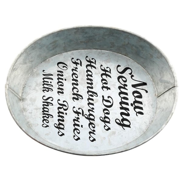 Galvanized Serving Bowl, Ribbed Metal with "Now Serving" Printed Text