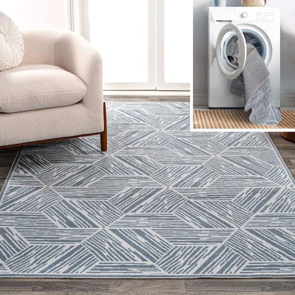 Geometric Area Rug: Bold Navy Linear Pattern, Modern Coastal