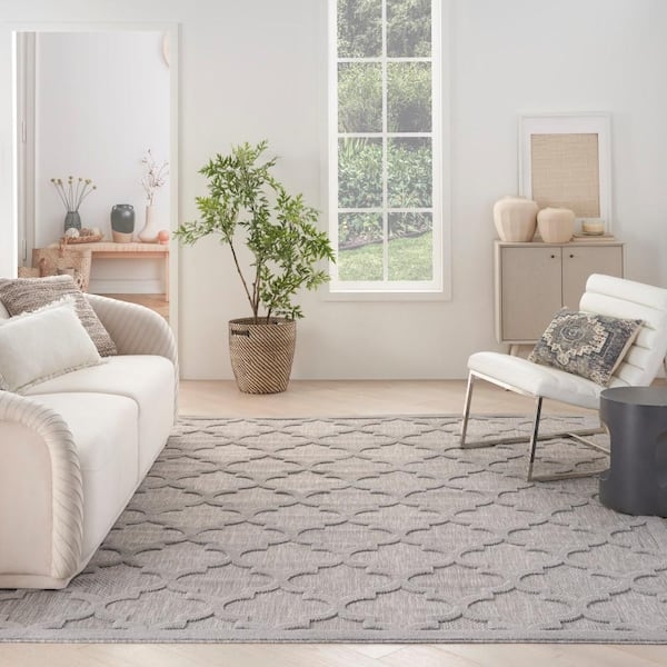 Geometric Area Rug, Contemporary Silver Grey Trellis Indoor Outdoor