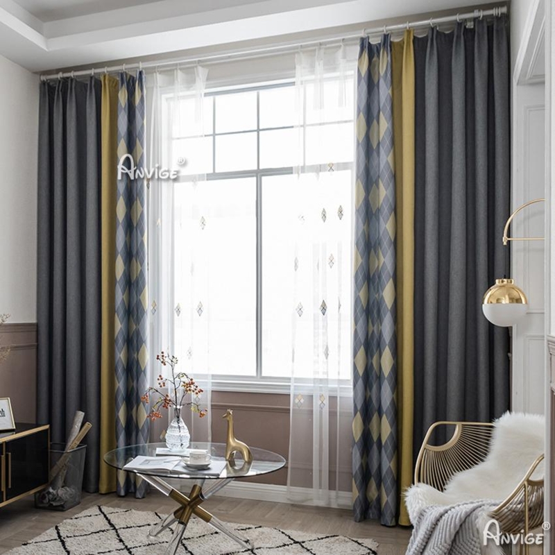 Geometric Curtains and Roman Shade Set, Yellow Fretwork Pattern