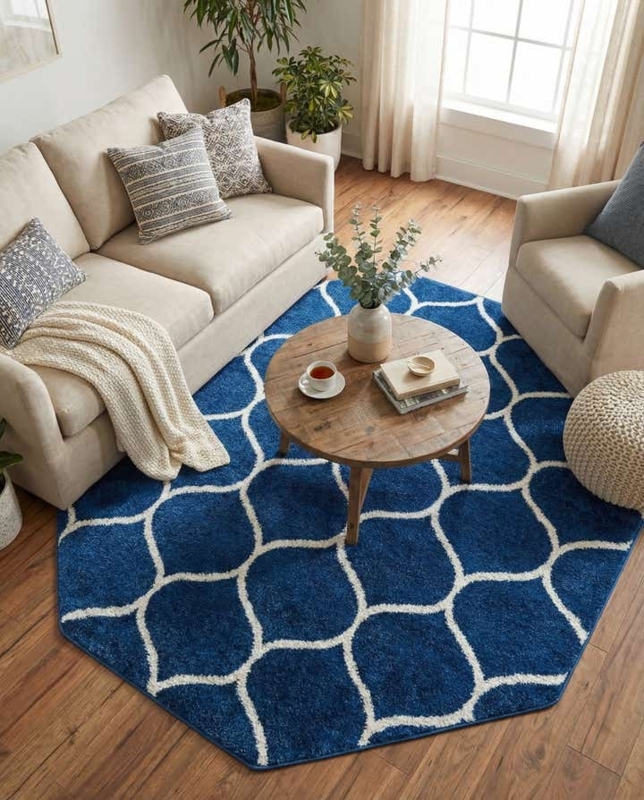 Geometric Trellis Area Rug in Navy Blue Octagonal Shape