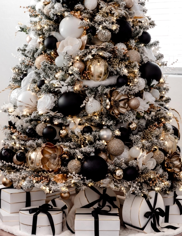 Glamorous Christmas Tree Black White Gold Toile Ribbon Accents (67 chars)