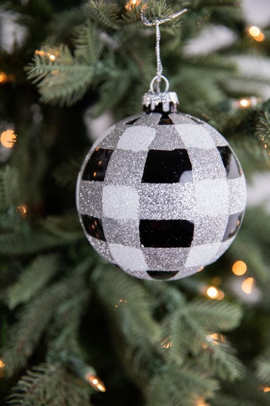 Glass Christmas Ornament: Glossy Finish, Black and White Buffalo Check.