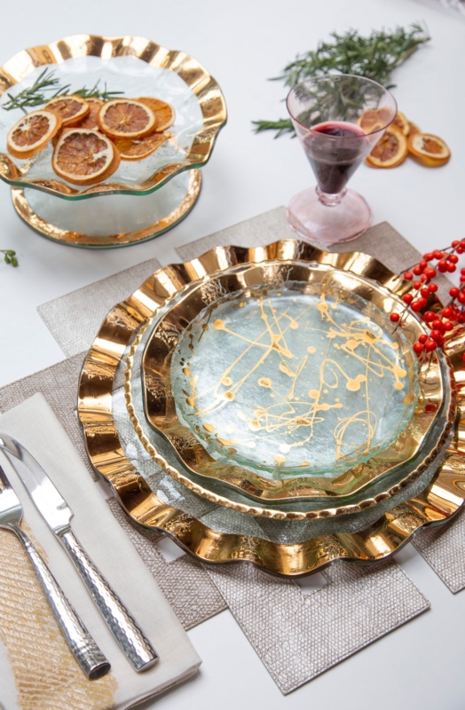 Glass Dinnerware Set Clear Textured Gold Rim Irregular Edges