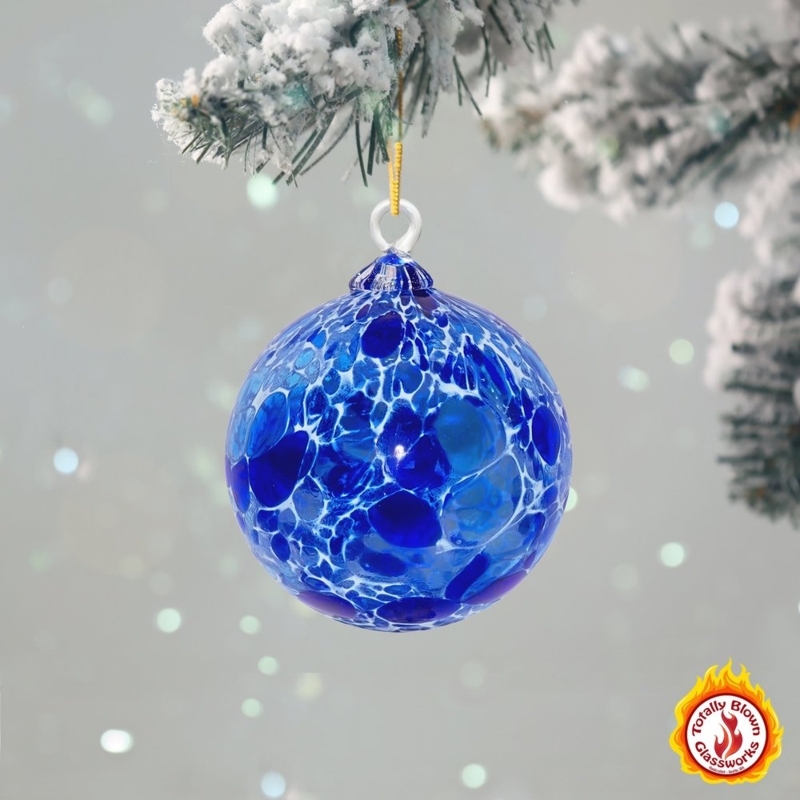 Glass Ornament Blown Glass Witches Ball Blue White Marbled Artisan