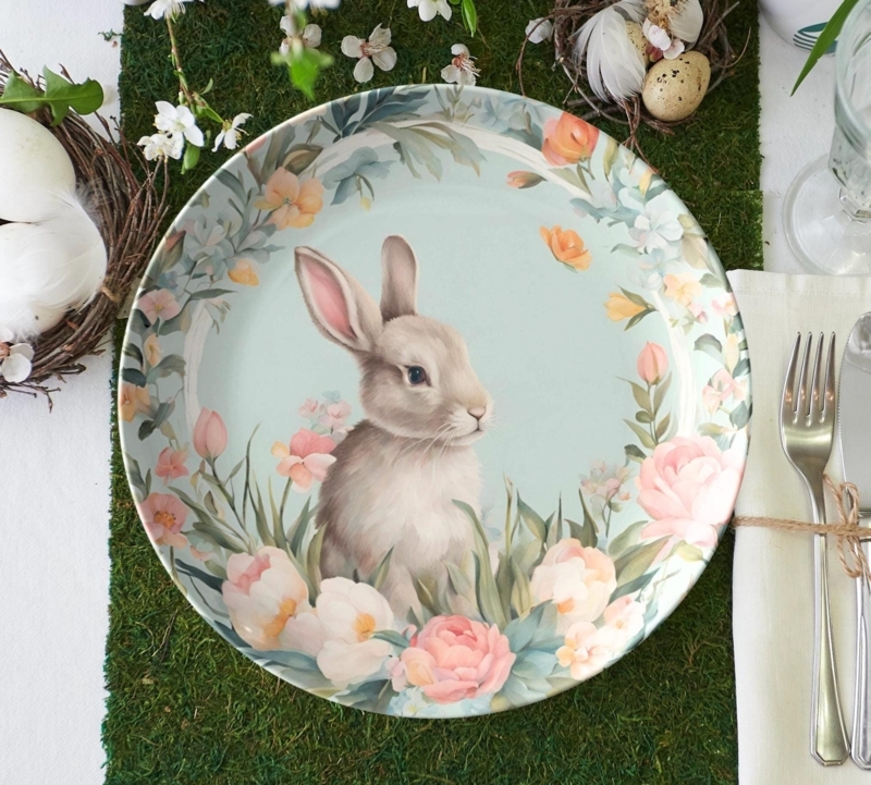 Glazed Dinnerware Set Watercolor Floral Holiday Scalloped Bunny