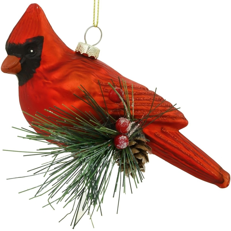 Glittered Glass Wildlife Ornament, Cardinal on Pine Branch Base