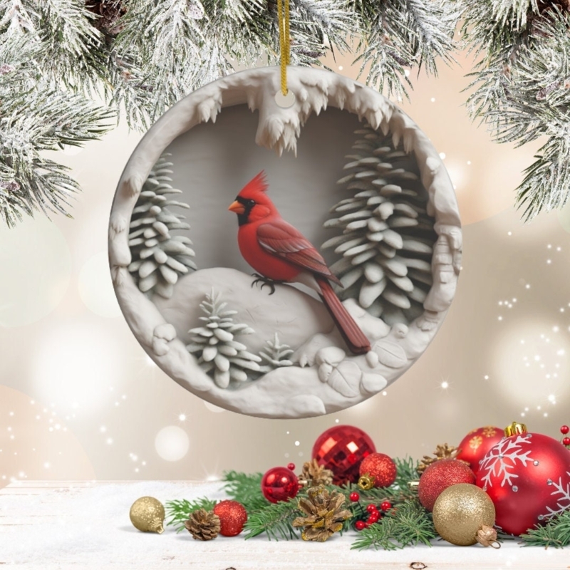 Glossy Ceramic Bird Ornament with Gold Hanging Hook, Traditional Cardinal