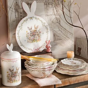 Gold Rim Dinnerware Set Ceramic Spring Rabbit Motif Stacked Design
