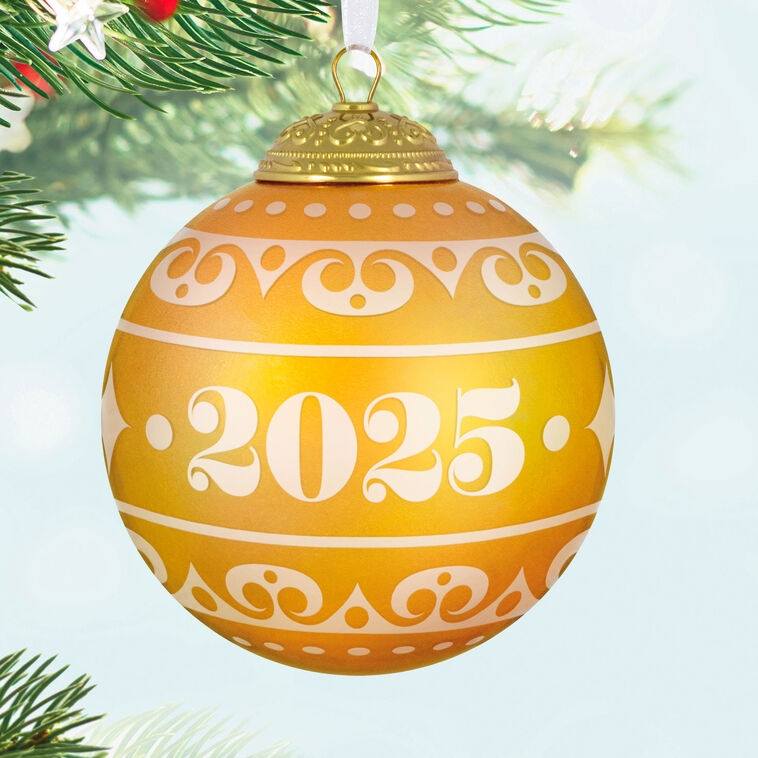 Golden Glass Ball Ornament with Commemorative 2025 Text and Holly Motif