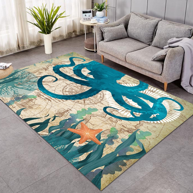Graphic Area Rug: Teal Octopus Illustration, Watercolor Style