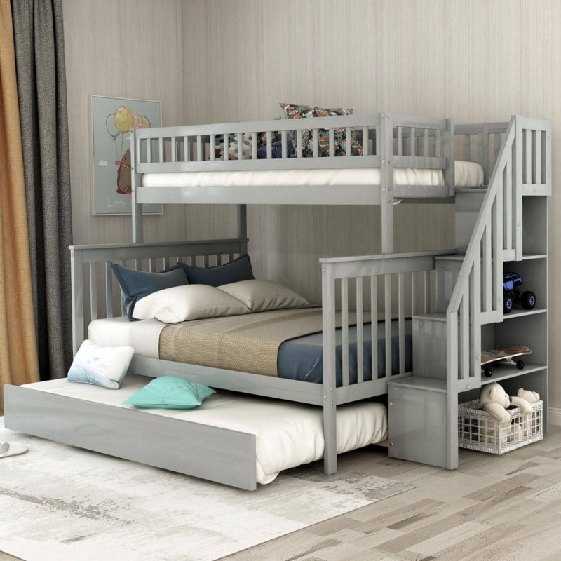 Gray Bunk Bed Twin Over Full Storage Stairs Trundle Modern Kids Room