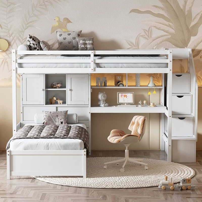 Gray Bunk Bed with Desk, Storage Stairs, and Bookcase Backing