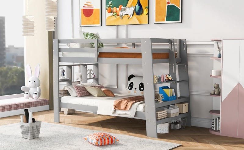 Gray Bunk Bed with Integrated Shelving and Mission Style Slats