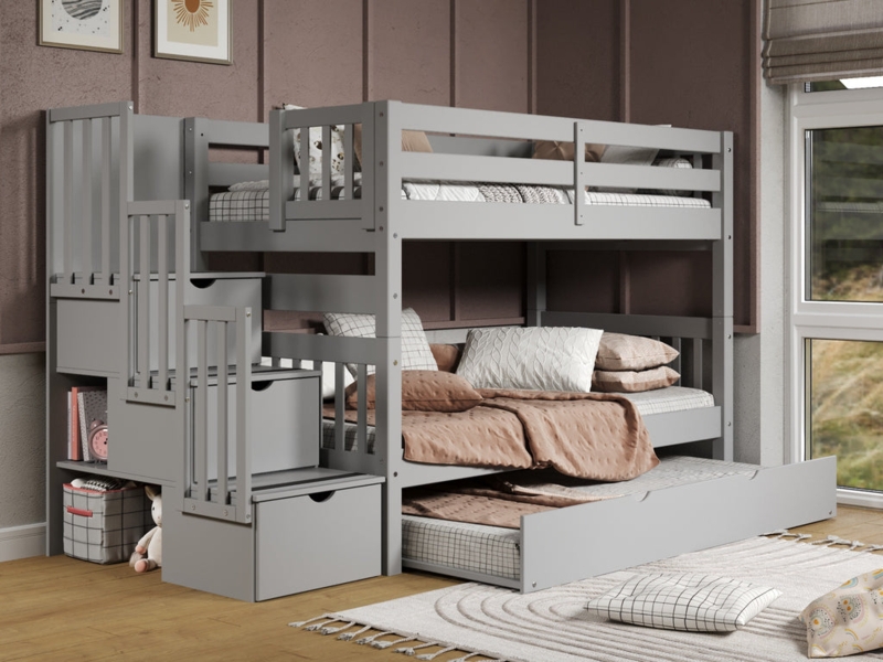 Gray Bunk Bed with Stairs, Mission Style Slats, Trundle Unit