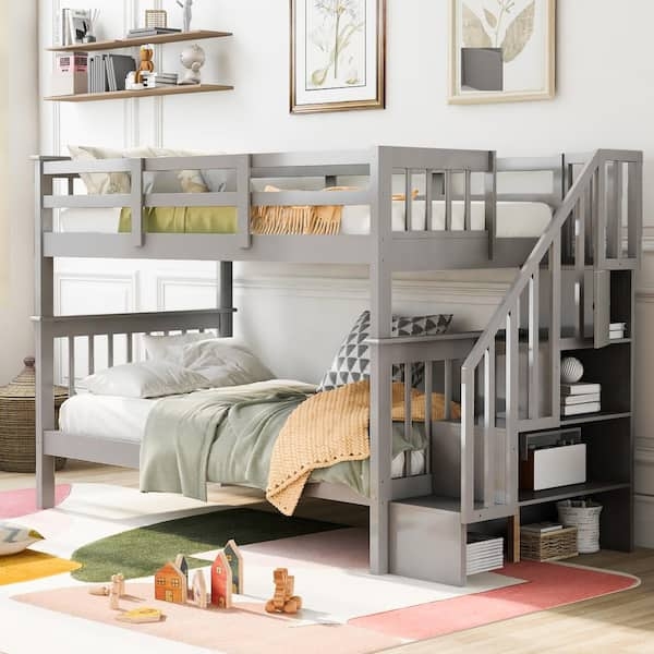 Gray Bunk Bed with Storage Stairs and Built-in Shelving Unit