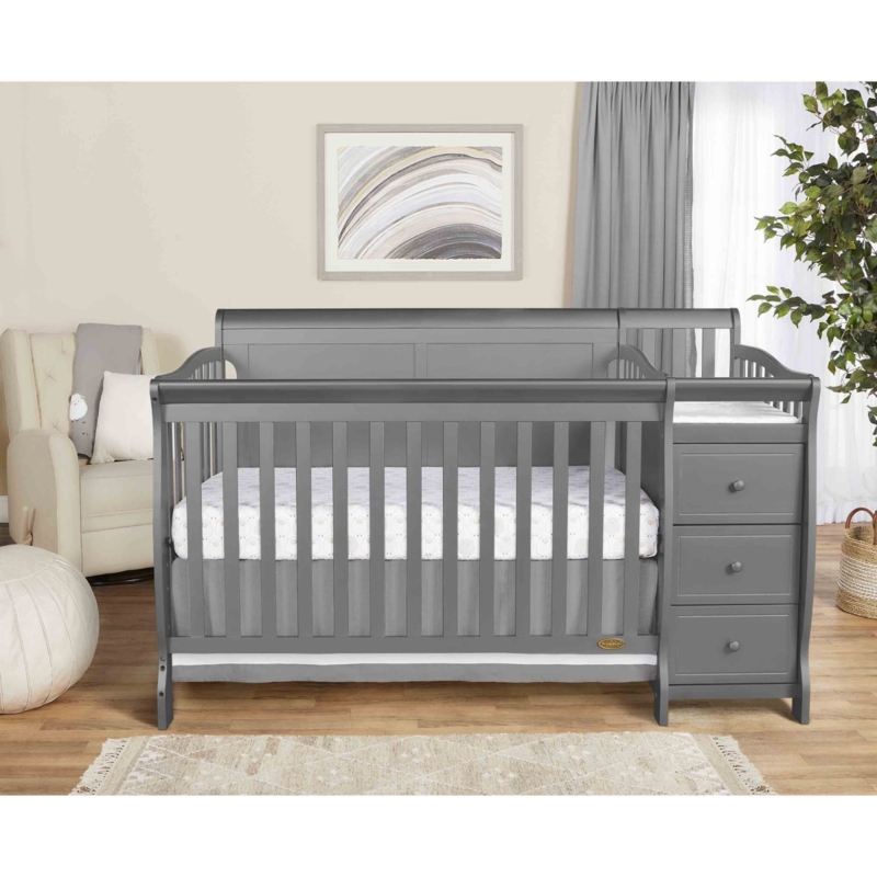Gray Crib with Attached Changer, Drawers and Shelving