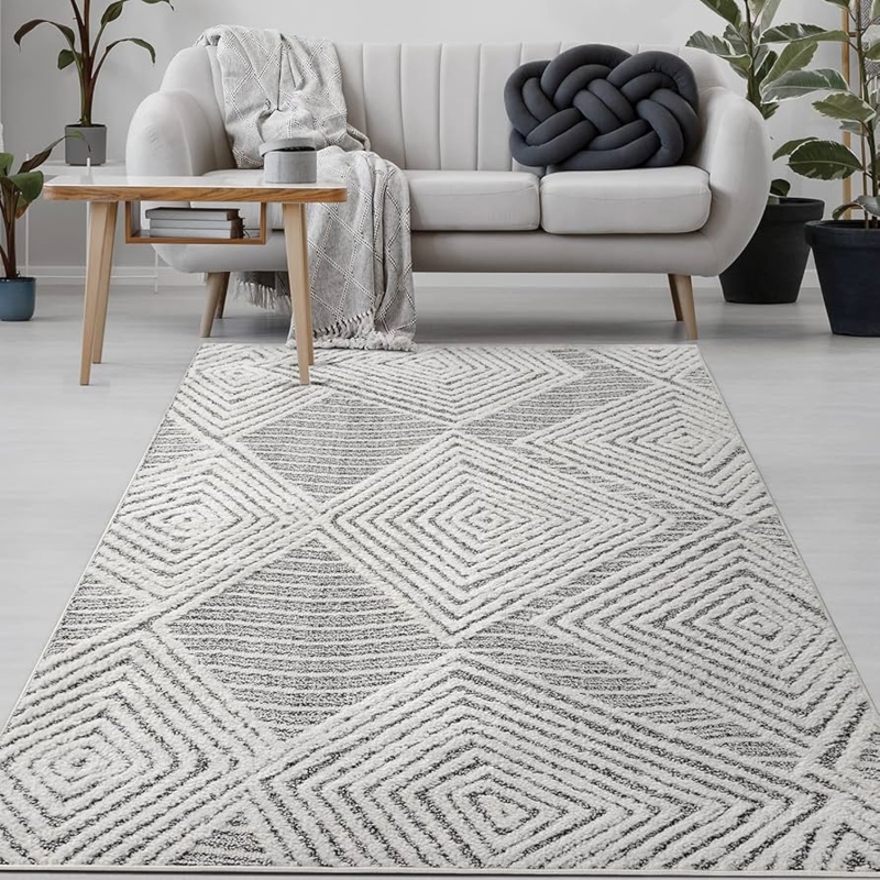 Gray Diamond Shag Area Rug High Low Pile Contemporary Living Room