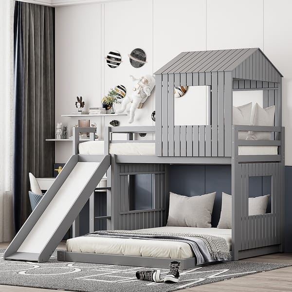 Gray Farmhouse Playhouse Bunk Bed with Slide and Pitched Roof