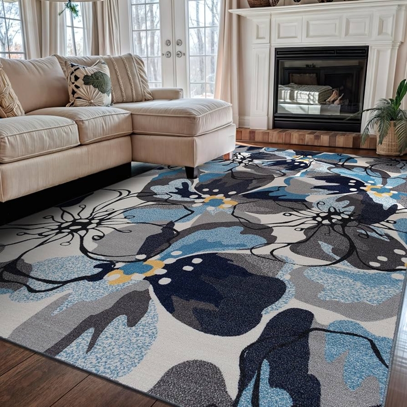 Gray Floral Area Rug Oversized Pattern Yellow Accents