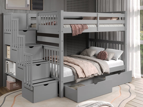 Gray Full Over Full Bunk Bed with Integrated Staircase Storage
