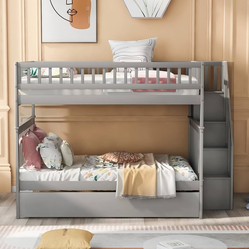 Gray Full over Full Bunk Bed with Trundle and Shelves