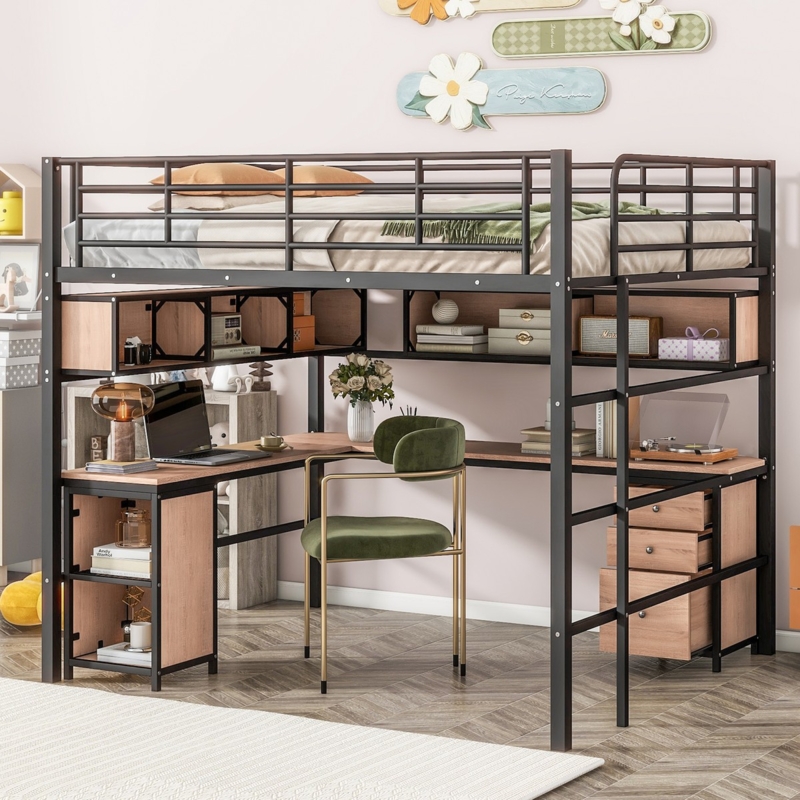 Gray Full Size Loft Bed with L-Shaped Desk and Drawers