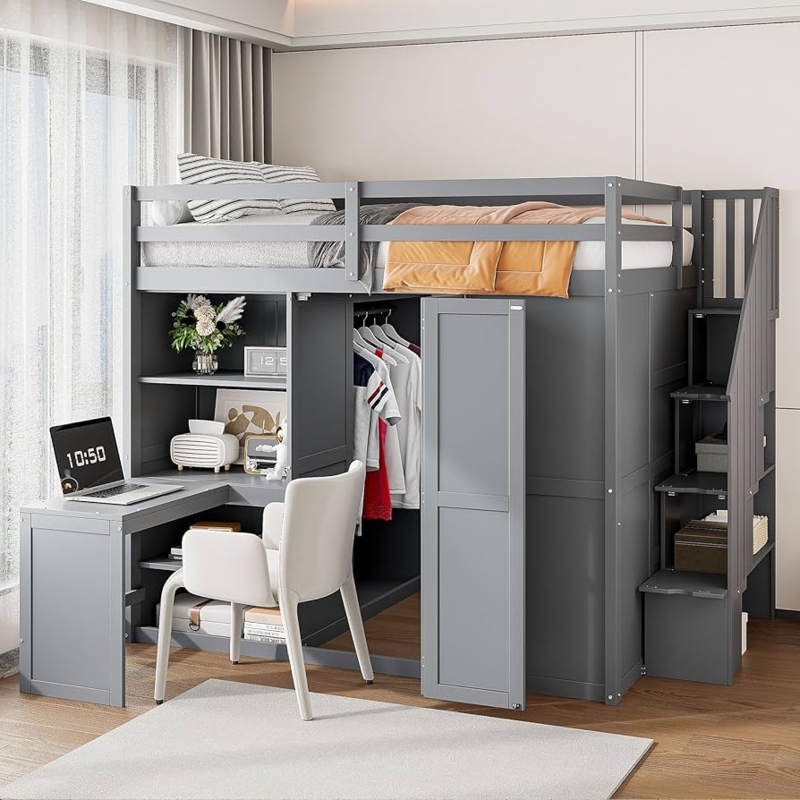 Gray Full Size Loft Bed with Storage Stairs, Wardrobe, and Desk