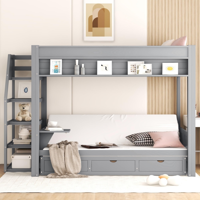 Gray Futon Bunk Bed with Storage Stairs and Built-in Table