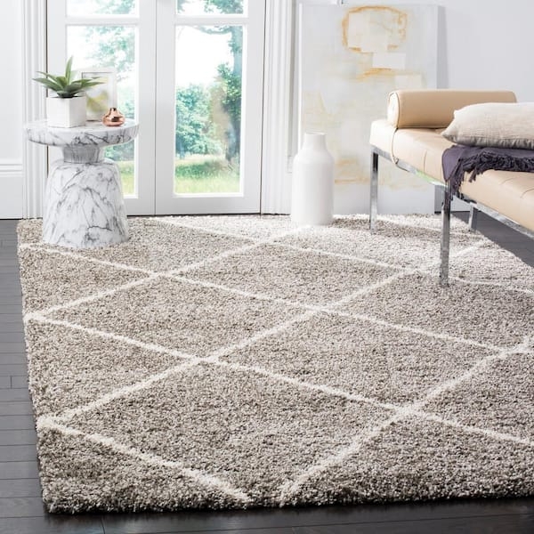 Gray Geometric Shag Rug Diamond Trellis Pattern Modern Living
