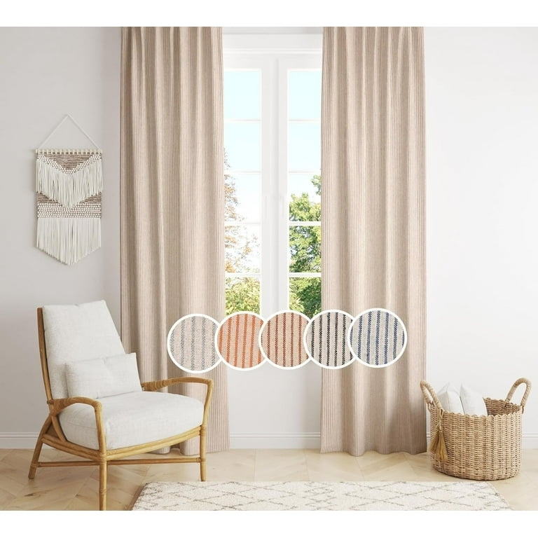 Gray Horizontal Striped Curtains Linen Textured Rod Pocket Coastal Style
