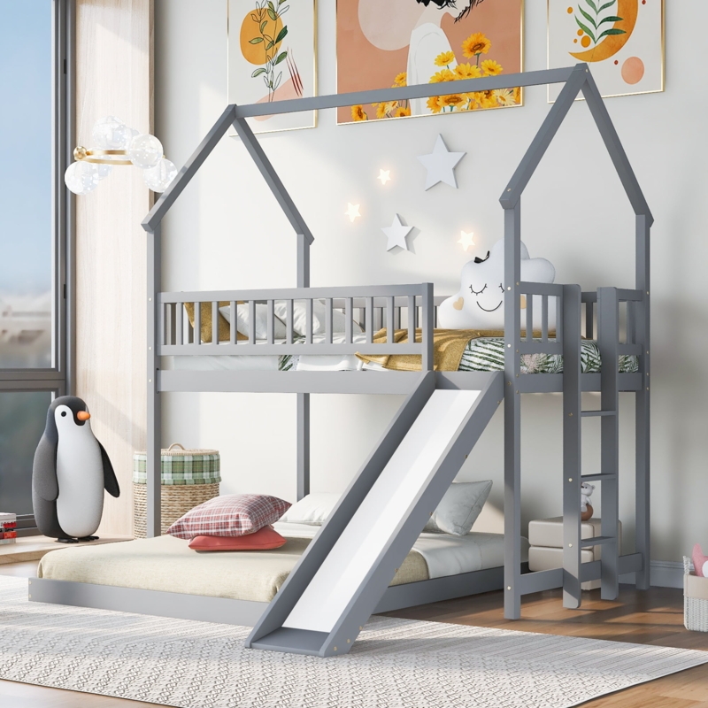 Gray House Bunk Bed, Twin over Full with Built-In Slide