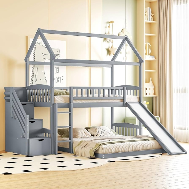 Gray House Bunk Bed with Slide and Storage Drawers