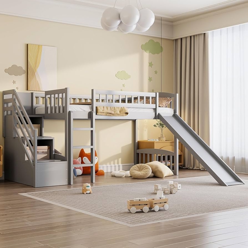 Gray Kids Loft Bed with Slide and Storage Stairs