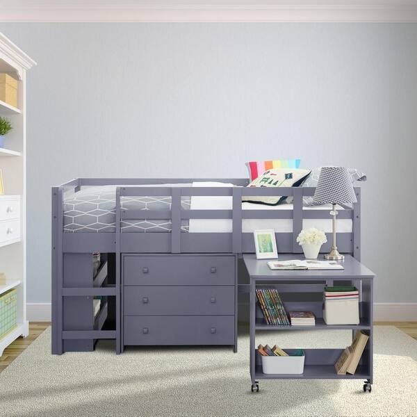 Gray Low Loft Bed with Integrated Study Desk, Minimalist Style