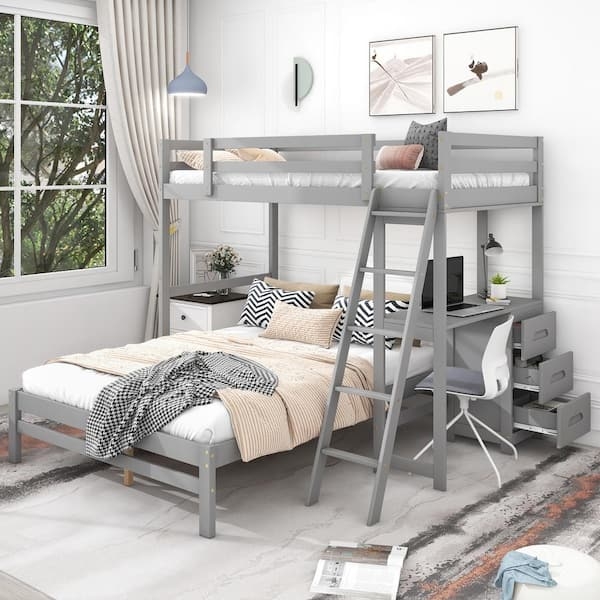 Gray Modern Bunk Bed with Built-in Desk and Underbed Drawers