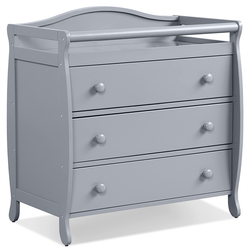 Gray Nursery Changing Table Storage with Open Shelving Cubbies
