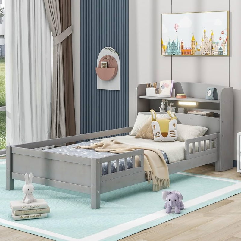 Gray Platform Bed with House Shaped Headboard and Storage Drawers