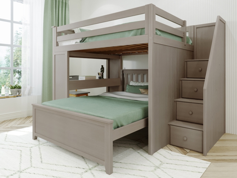 Gray Staircase Loft Bed with Double Desk and Storage