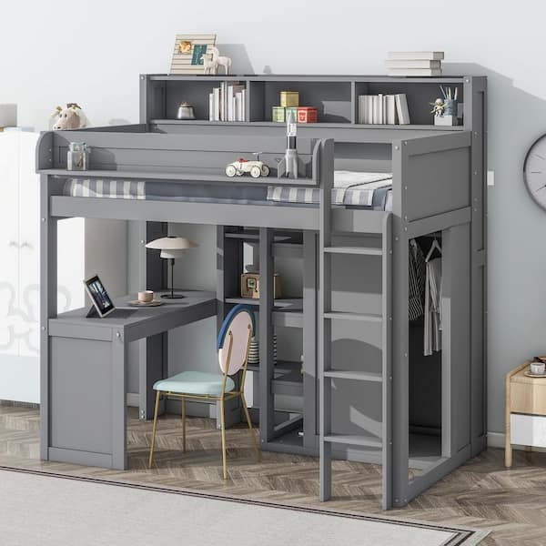 Gray Twin Loft Bed featuring Integrated Wardrobe and Built-in Desk