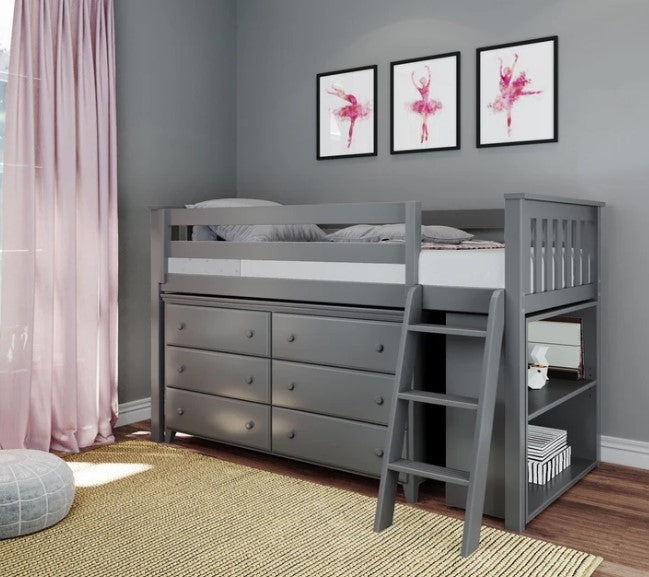 Gray Twin Loft Bed with Integrated Dresser and Bookcase