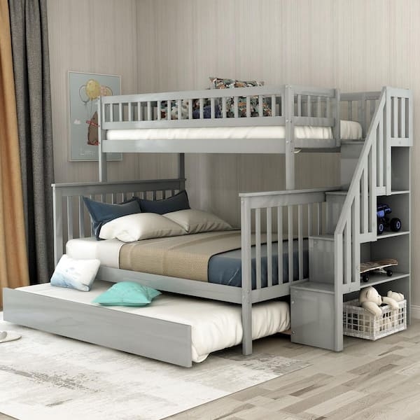 Gray Twin Over Full Bunk Bed with Trundle and Storage Staircase