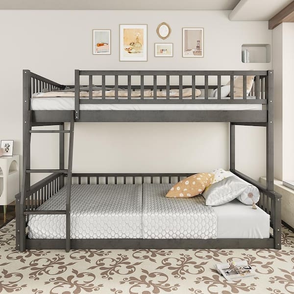 Gray Wood Bunk Bed Full XL Over Queen Slatted Silhouette
