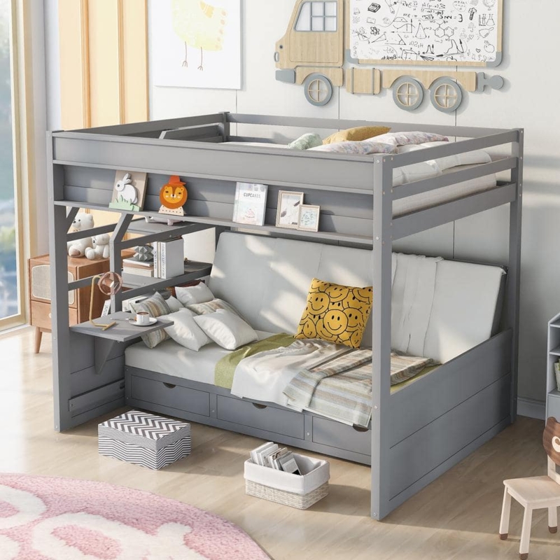 Gray Wood Bunk Bed with Storage Staircase and Nightstand