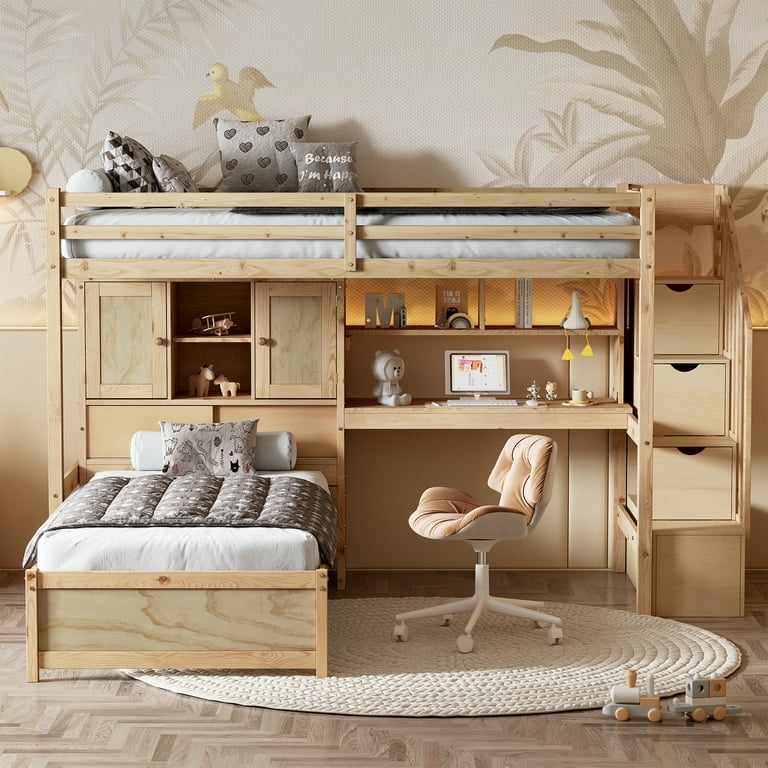 Gray Wood L-Shaped Bunk Bed Integrated Stairs Built-In Shelving