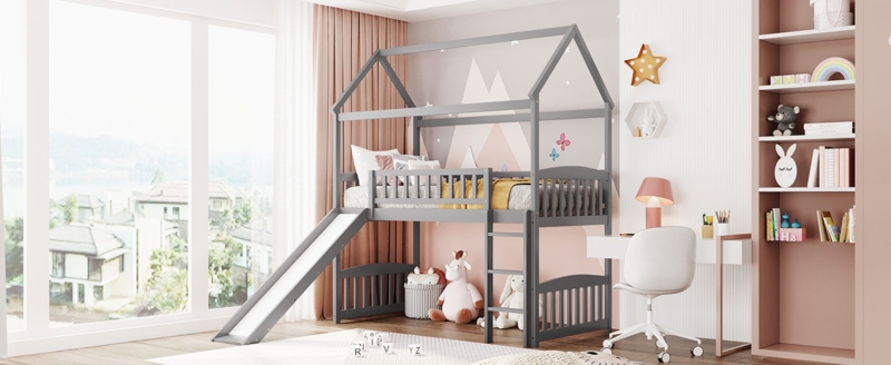 Grey House Loft Bed with Slide and Under-Bed Play Nook