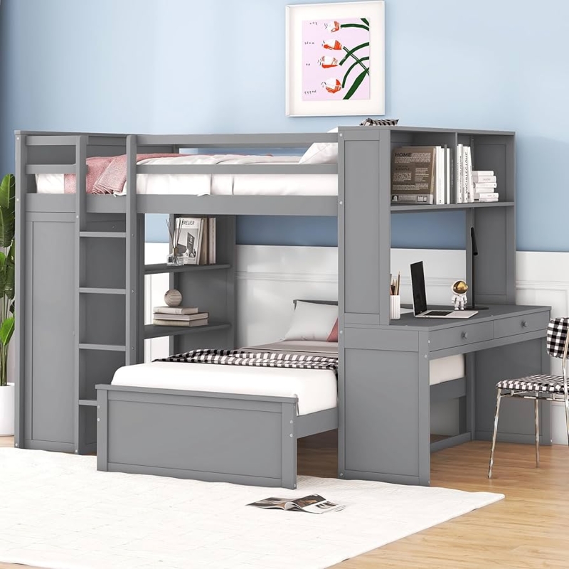 Grey Loft Bed with Perpendicular Twin Bed, Desk, and Wardrobe