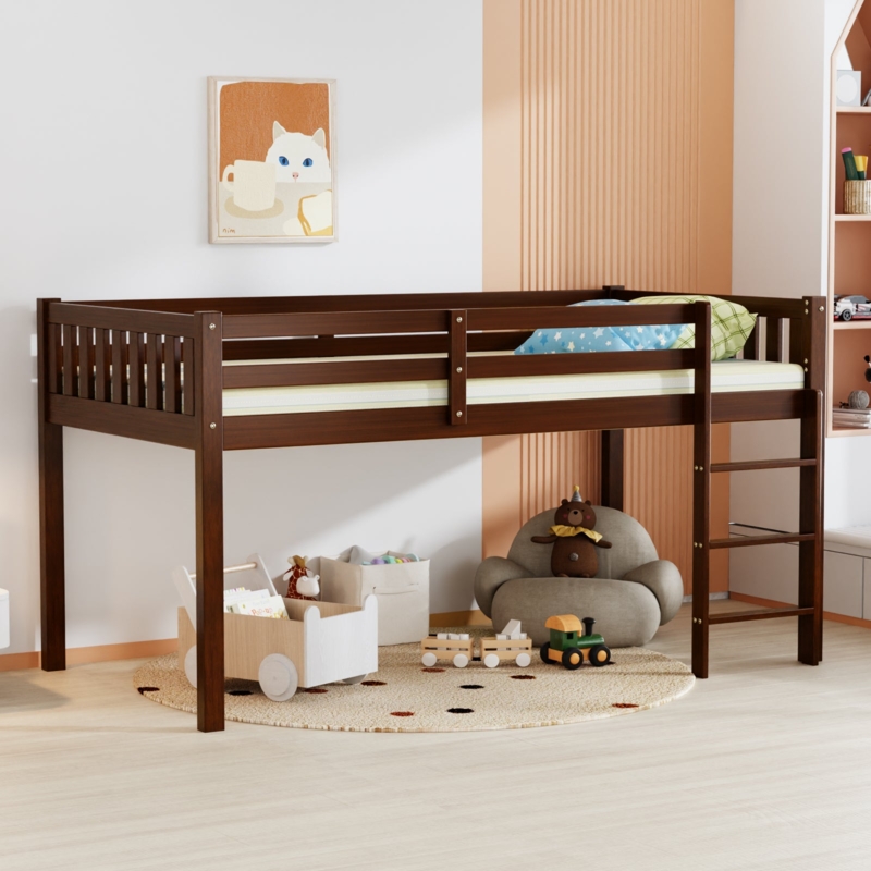 Grey Low Loft Bed with Integrated Slide, Staircase Entry, Small Room Solution.