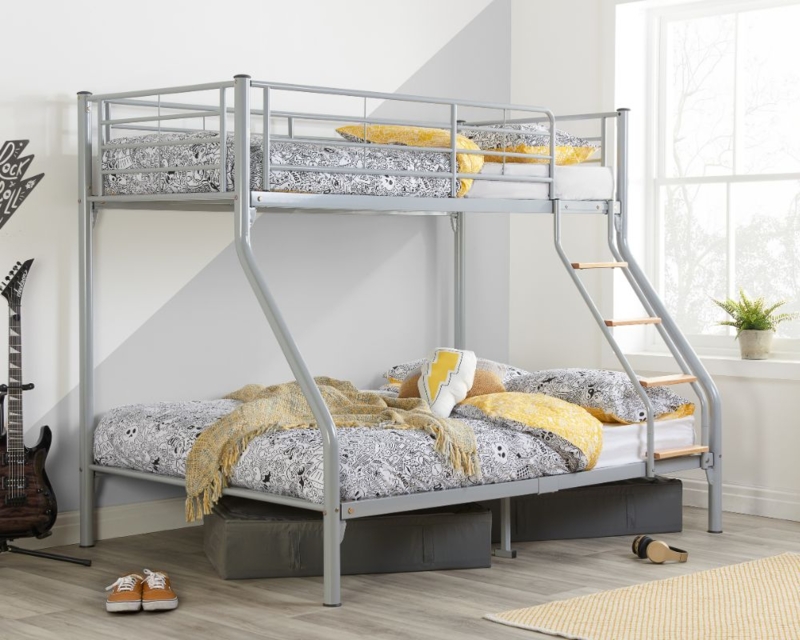 Grey Metal Triple Bunk Bed Single over Double Brushed Finish Ladder
